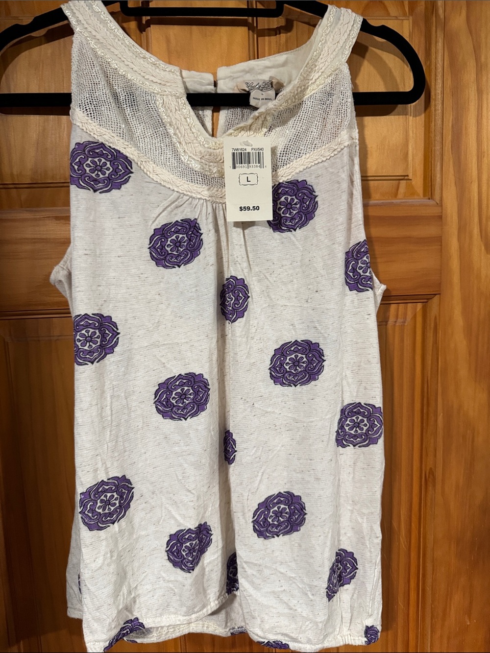 Lucky Brand Cream Tank with Purple Medallion Print and Crochet Yoke
